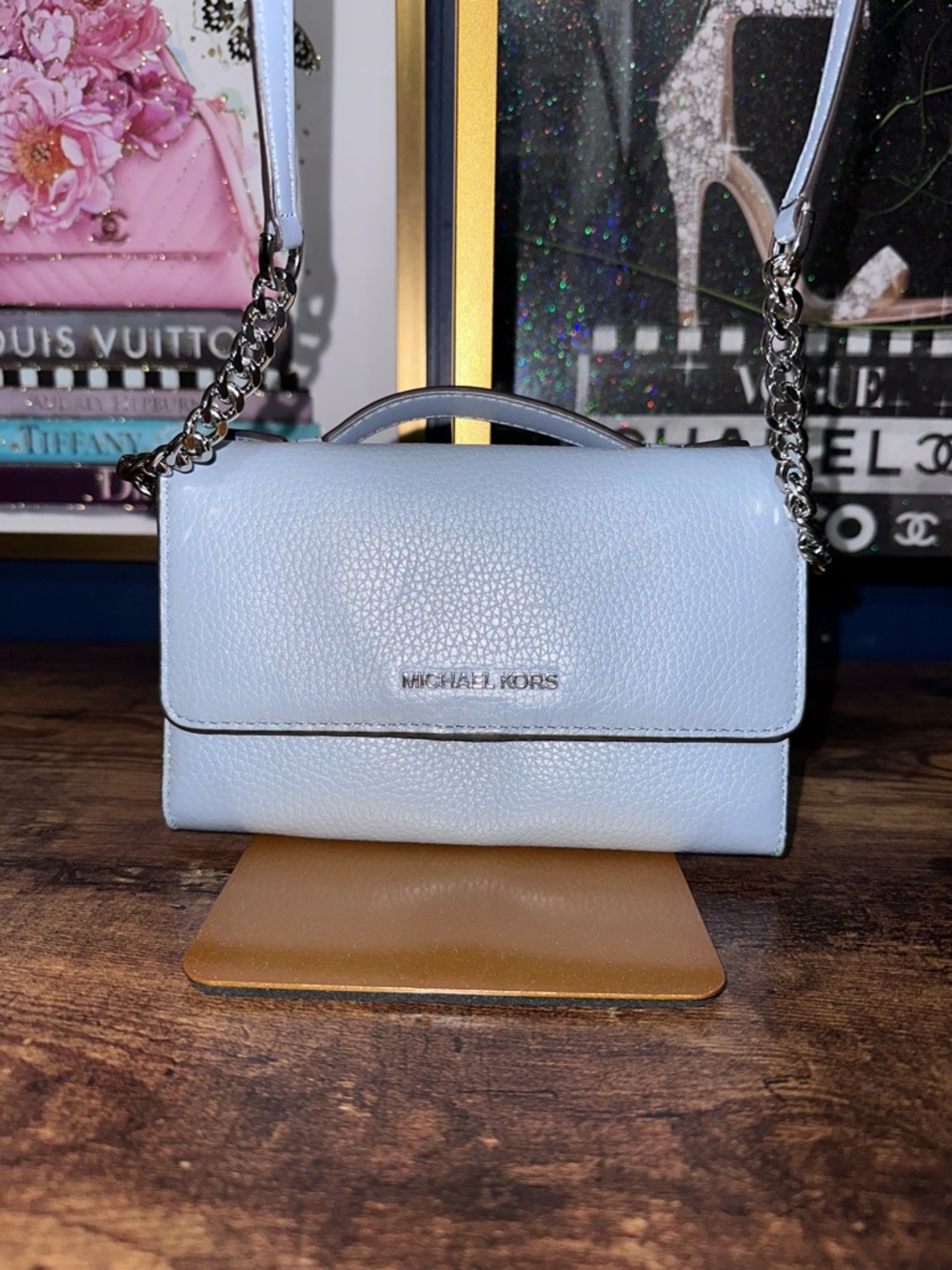 Michael Kors Light Blue Pebbled Leather Chain Crossbody